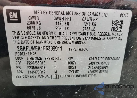 2015 GMC Terrain Sle from USA, damaged, VIN 2GKFLWEK1F6399911